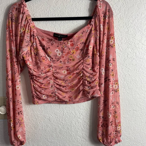 Almost Famous Tops - Almost Famous Floral Mesh Ruched Off The Shoulder Crop Top Sz L